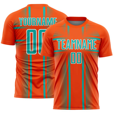 Custom Orange Aqua-White Lines Sublimation Soccer Uniform Jersey