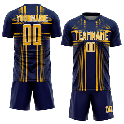 Custom Navy Gold-White Lines Sublimation Soccer Uniform Jersey