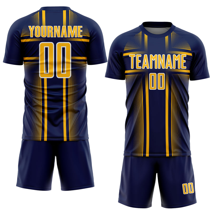 Custom Navy Gold-White Lines Sublimation Soccer Uniform Jersey