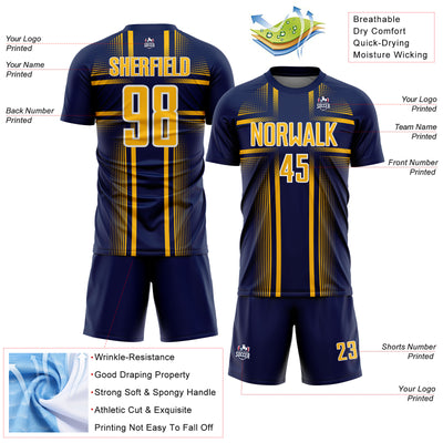 Custom Navy Gold-White Lines Sublimation Soccer Uniform Jersey