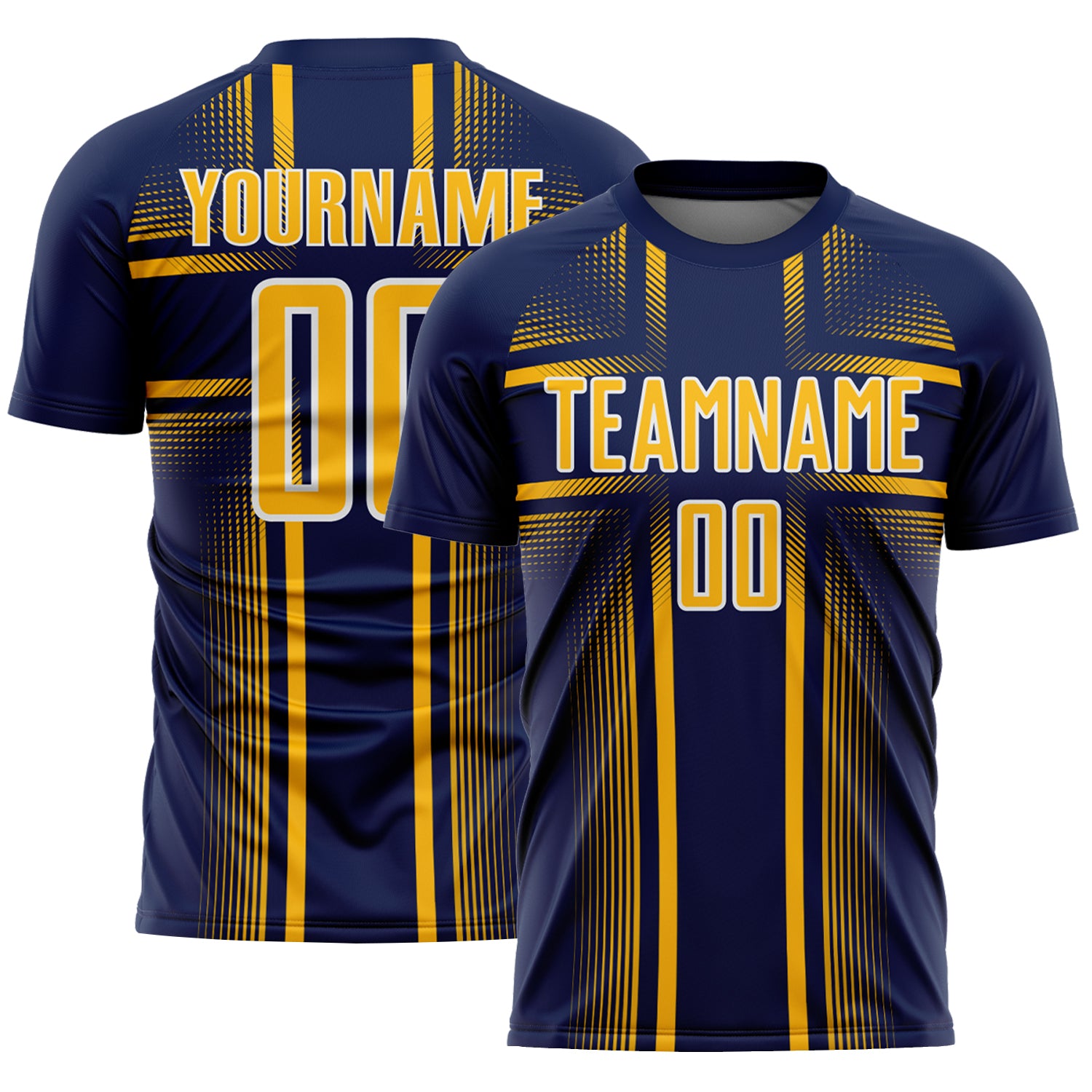 Custom Navy Gold-White Lines Sublimation Soccer Uniform Jersey