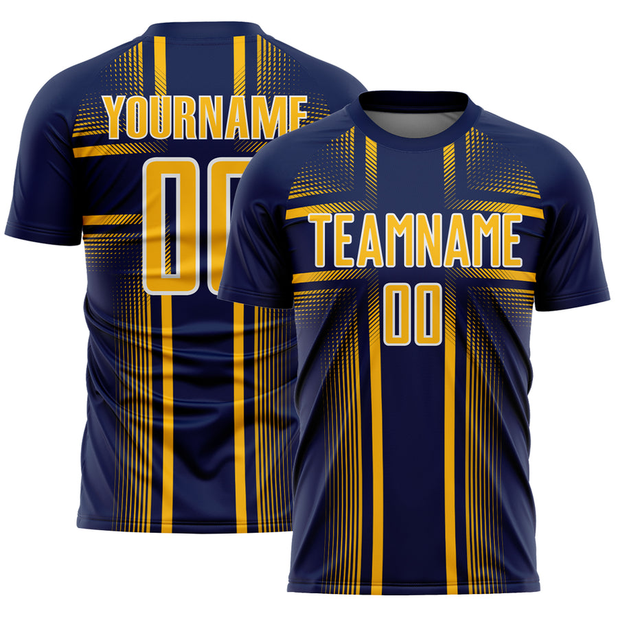Custom Navy Gold-White Lines Sublimation Soccer Uniform Jersey