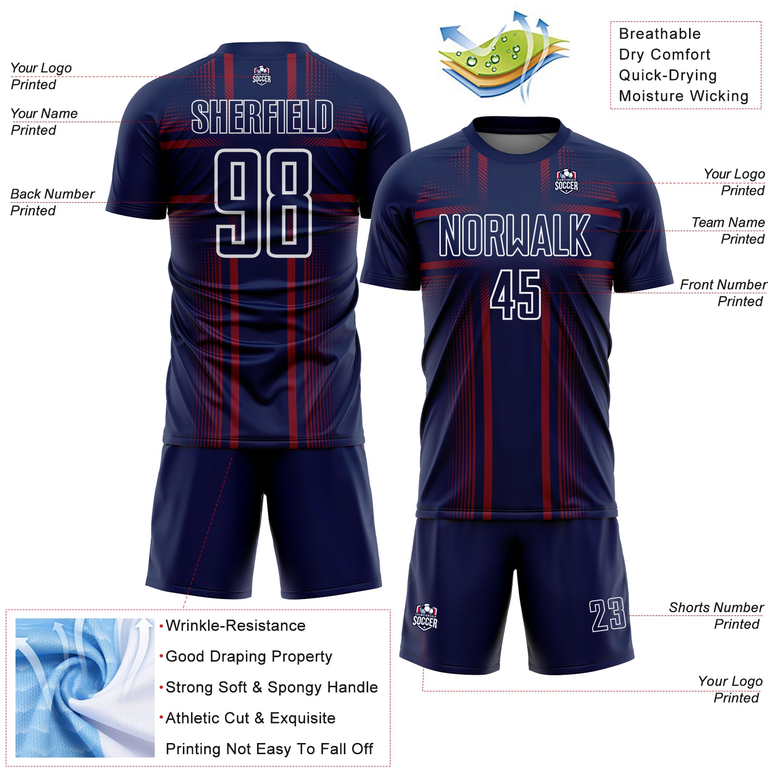 Custom Navy Crimson-White Lines Sublimation Soccer Uniform Jersey