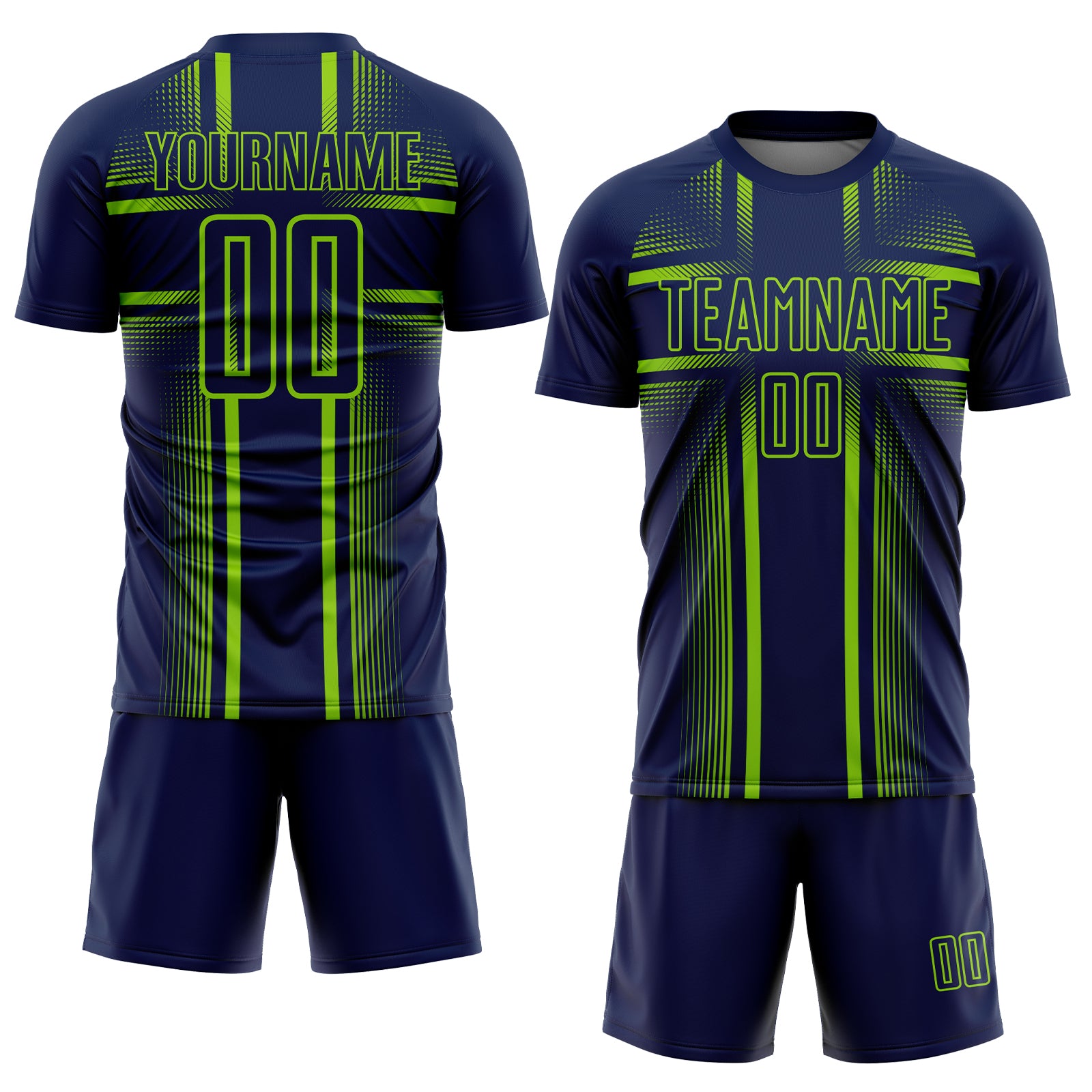 Custom Navy Neon Green-White Lines Sublimation Soccer Uniform Jersey