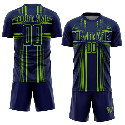 Custom Navy Neon Green-White Lines Sublimation Soccer Uniform Jersey