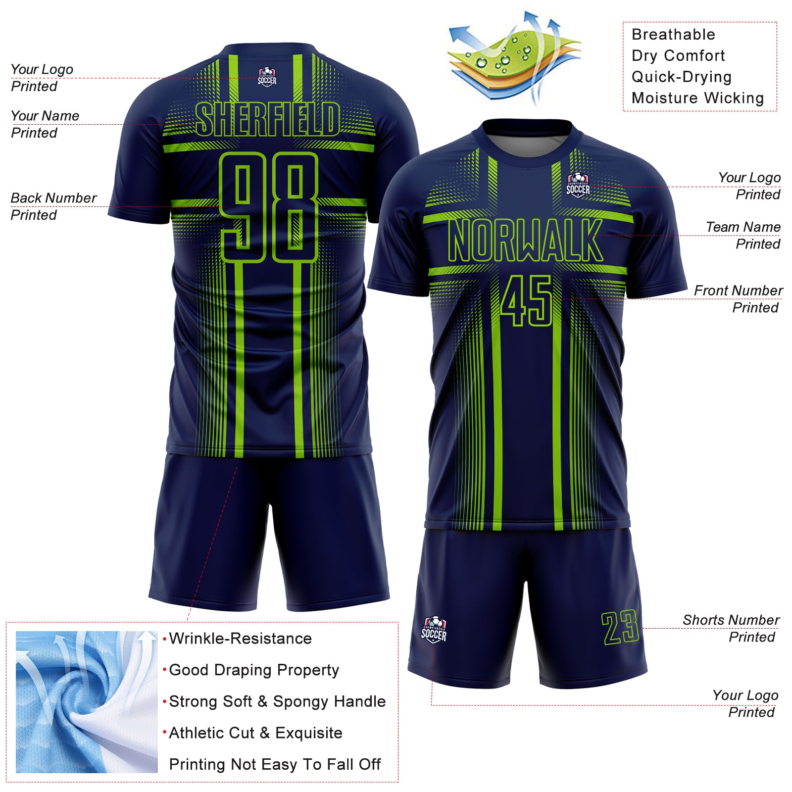 Custom Navy Neon Green-White Lines Sublimation Soccer Uniform Jersey