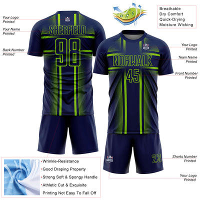 Custom Navy Neon Green-White Lines Sublimation Soccer Uniform Jersey