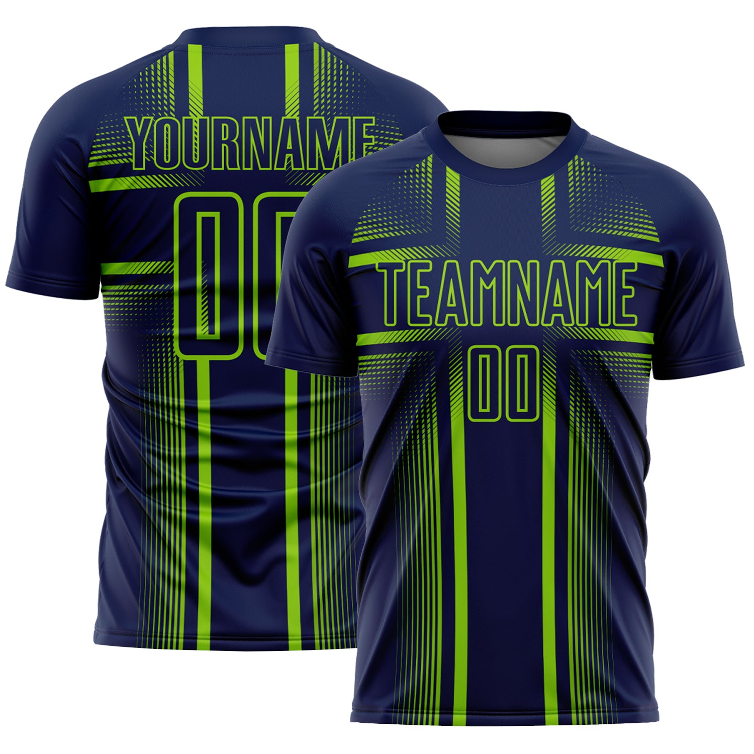 Custom Navy Neon Green-White Lines Sublimation Soccer Uniform Jersey