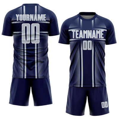 Custom Navy Silver-White Lines Sublimation Soccer Uniform Jersey