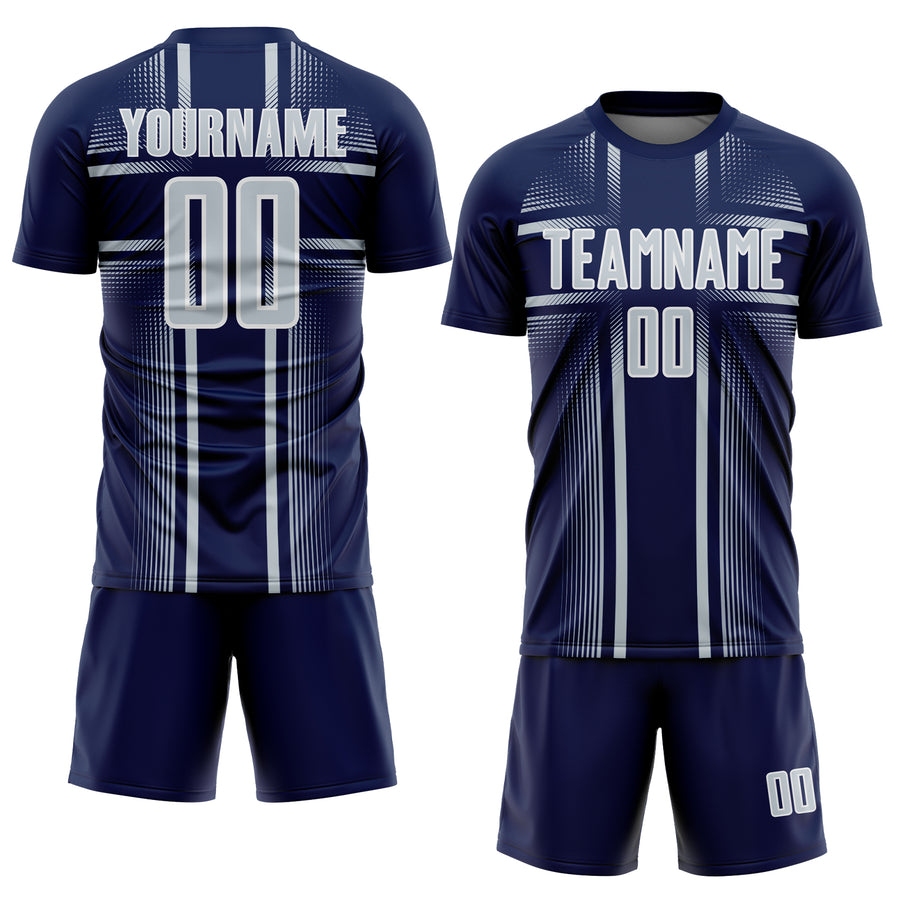 Custom Navy Silver-White Lines Sublimation Soccer Uniform Jersey