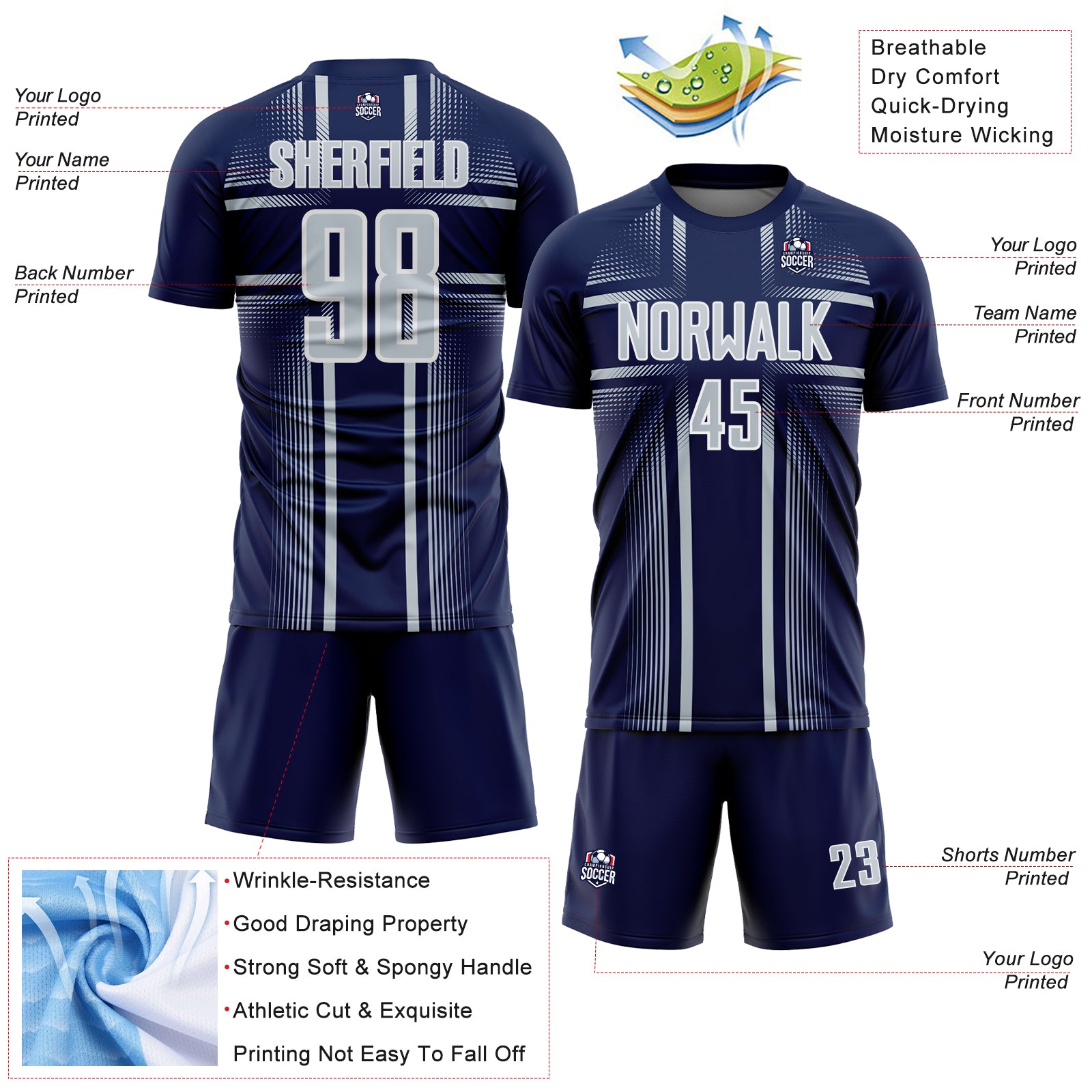 Custom Navy Silver-White Lines Sublimation Soccer Uniform Jersey