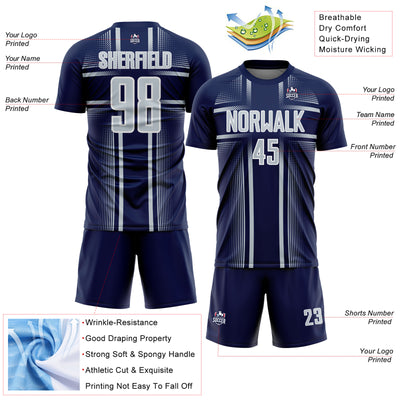 Custom Navy Silver-White Lines Sublimation Soccer Uniform Jersey