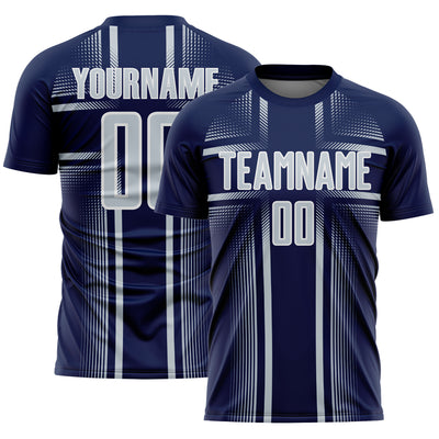 Custom Navy Silver-White Lines Sublimation Soccer Uniform Jersey