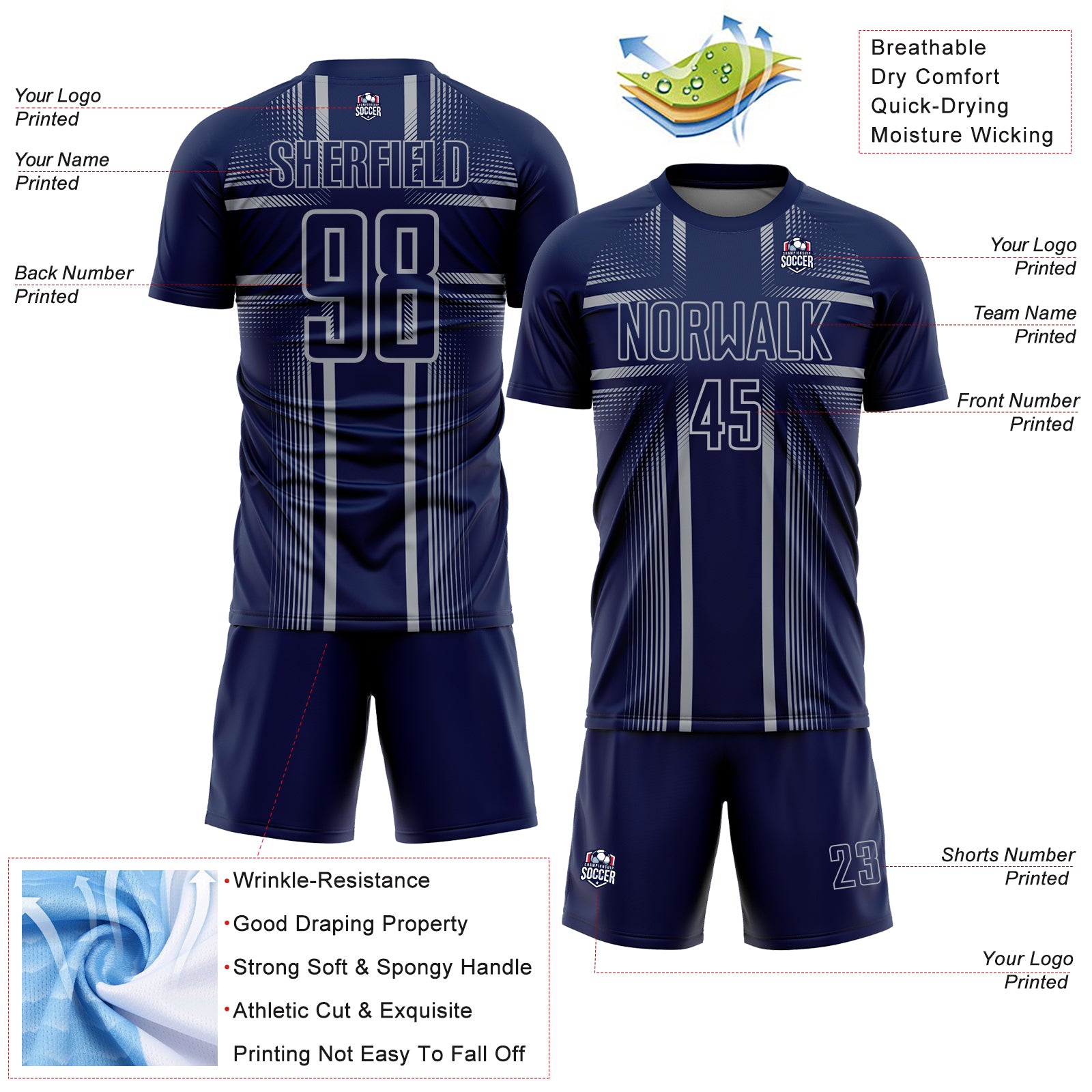 Custom Navy Gray Lines Sublimation Soccer Uniform Jersey