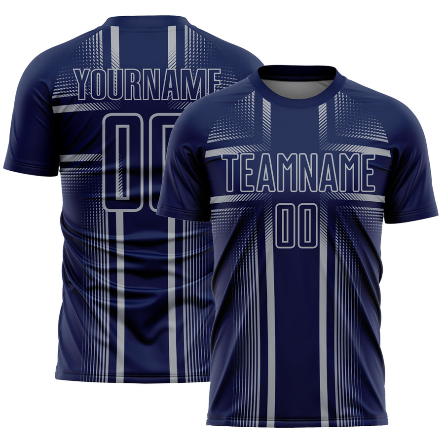Custom Navy Gray Lines Sublimation Soccer Uniform Jersey