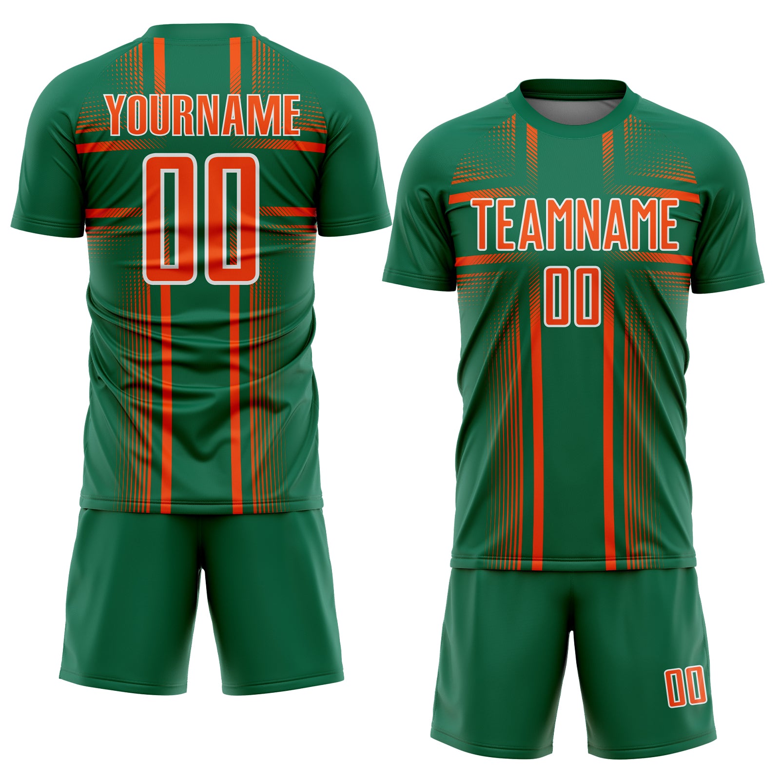 Custom Kelly Green Orange-White Lines Sublimation Soccer Uniform Jersey