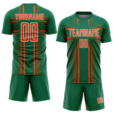 Custom Kelly Green Orange-White Lines Sublimation Soccer Uniform Jersey