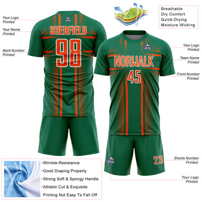 Custom Kelly Green Orange-White Lines Sublimation Soccer Uniform Jersey
