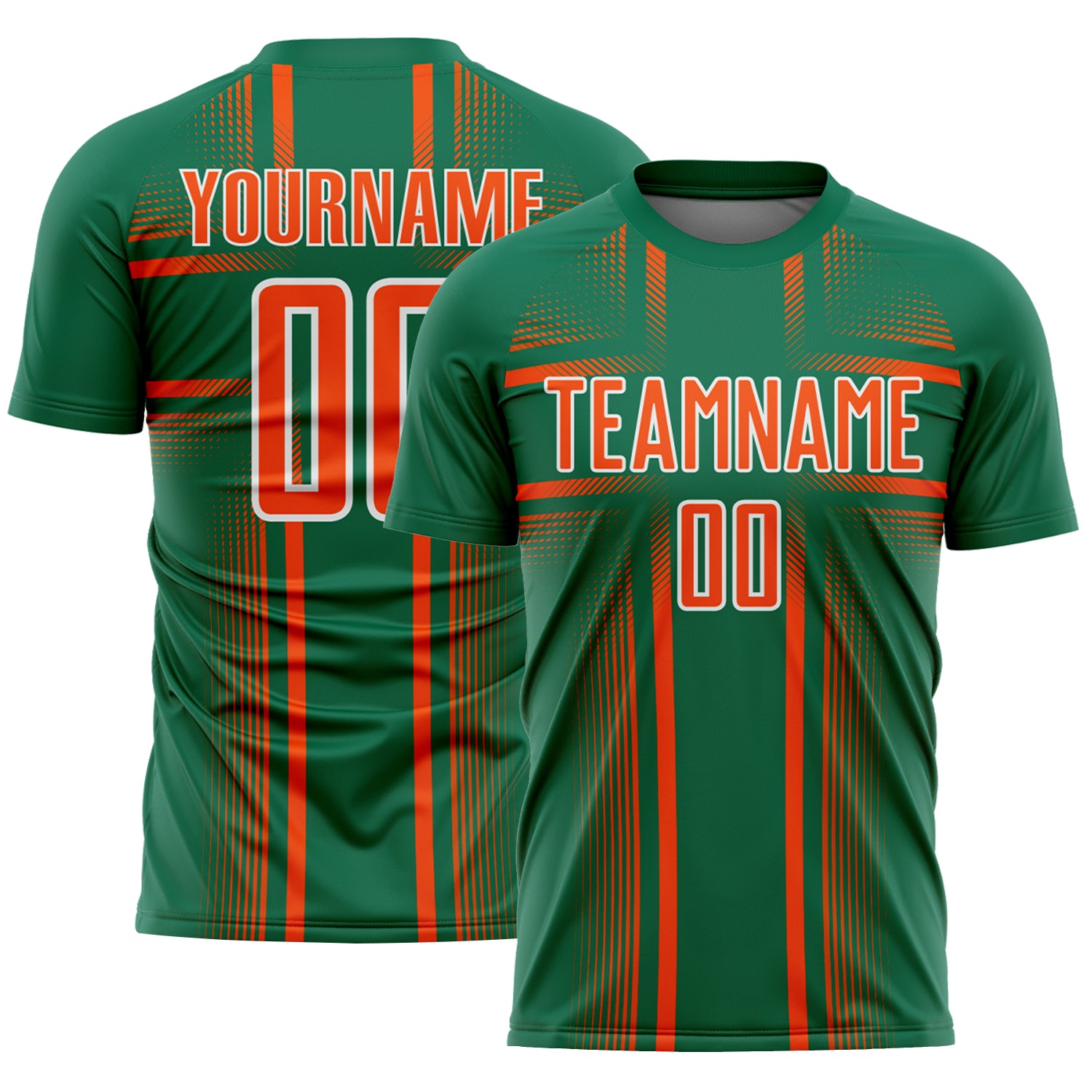 Custom Kelly Green Orange-White Lines Sublimation Soccer Uniform Jersey