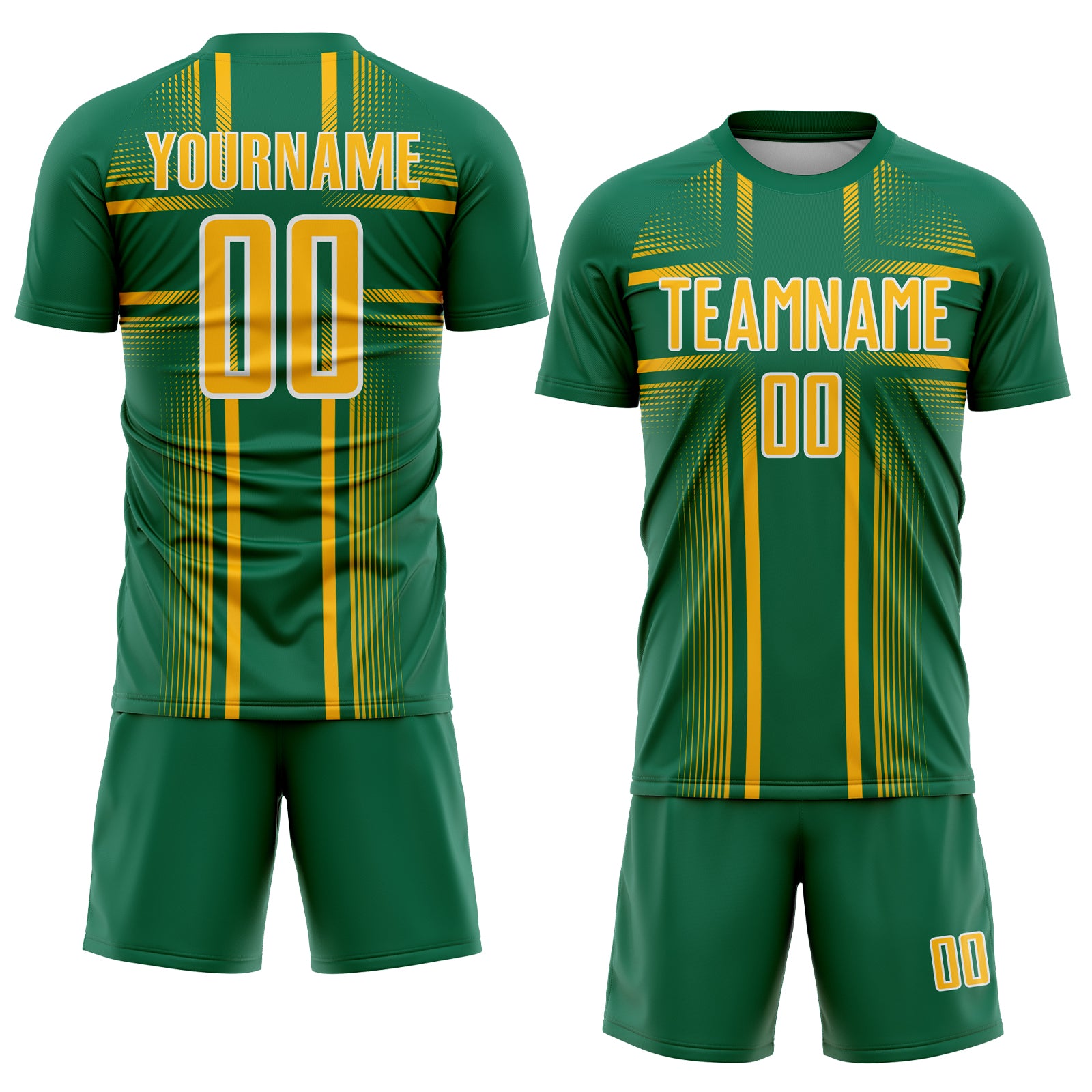Custom Kelly Green Gold-White Lines Sublimation Soccer Uniform Jersey
