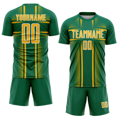 Custom Kelly Green Gold-White Lines Sublimation Soccer Uniform Jersey