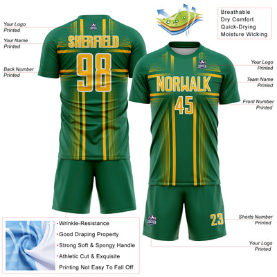 Custom Kelly Green Gold-White Lines Sublimation Soccer Uniform Jersey