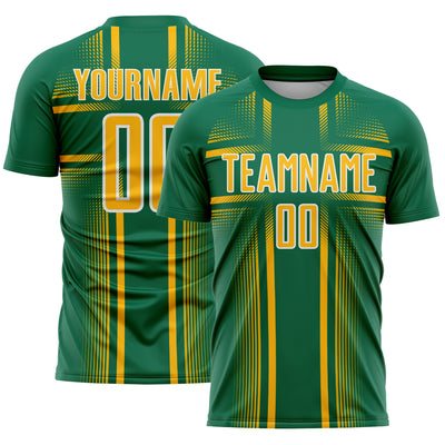 Custom Kelly Green Gold-White Lines Sublimation Soccer Uniform Jersey