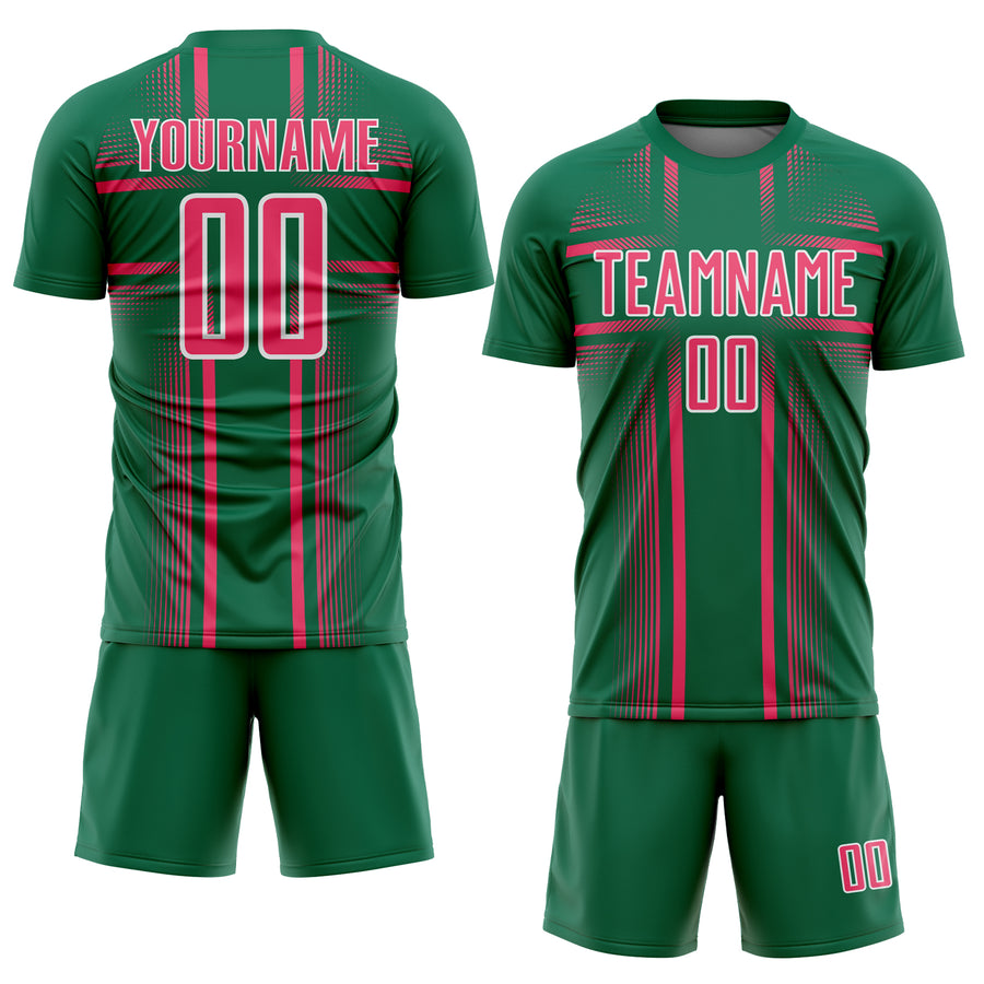 Custom Kelly Green Neon Pink-White Lines Sublimation Soccer Uniform Jersey