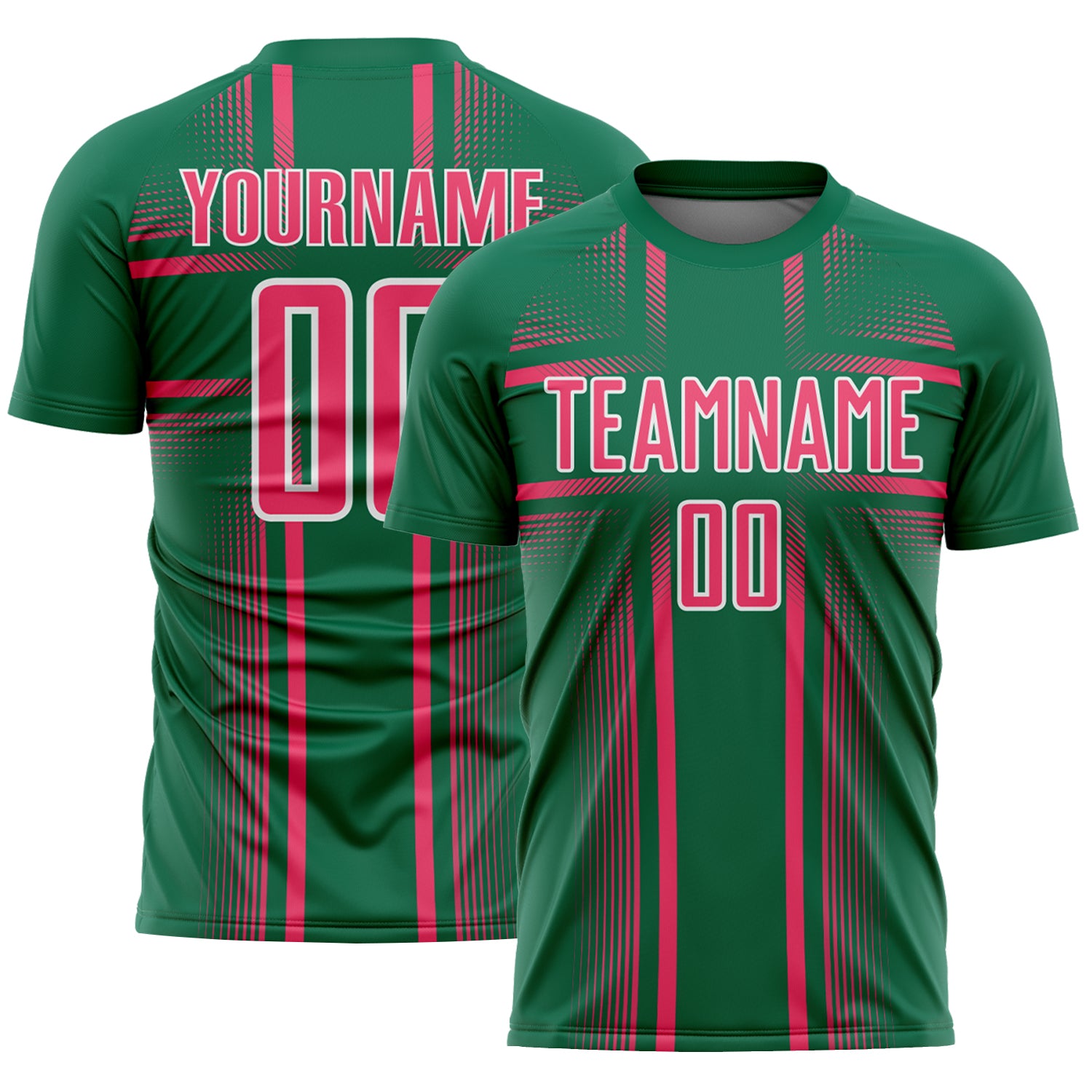 Custom Kelly Green Neon Pink-White Lines Sublimation Soccer Uniform Jersey
