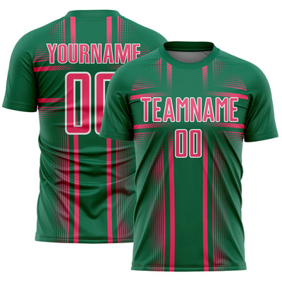 Custom Kelly Green Neon Pink-White Lines Sublimation Soccer Uniform Jersey