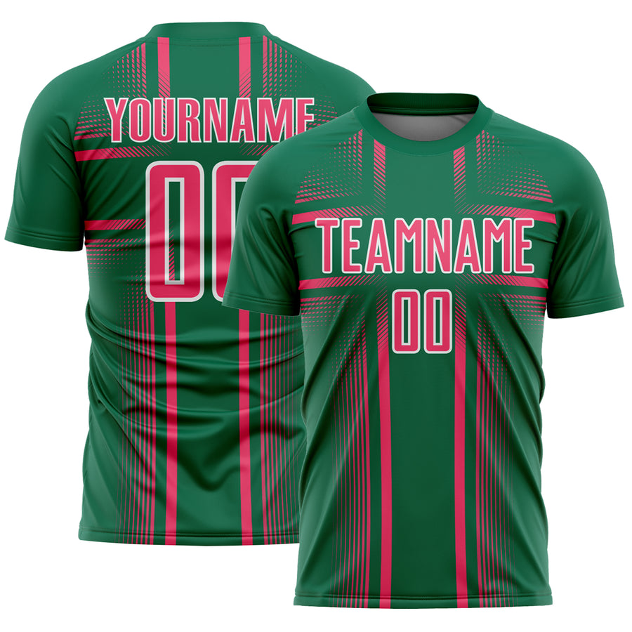 Custom Kelly Green Neon Pink-White Lines Sublimation Soccer Uniform Jersey