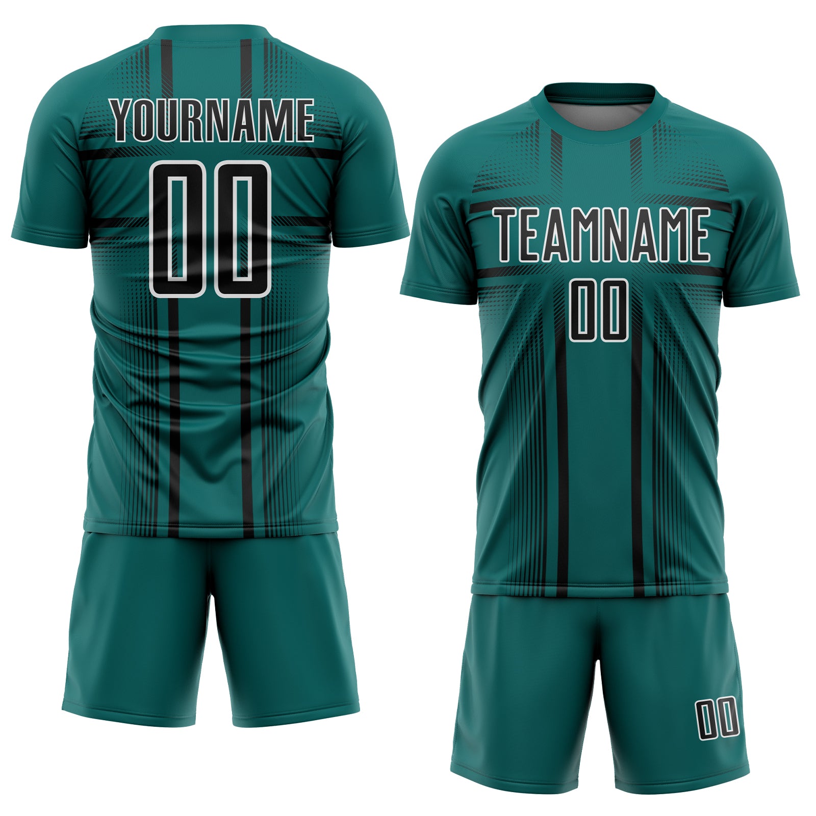 Custom Teal Black-White Lines Sublimation Soccer Uniform Jersey