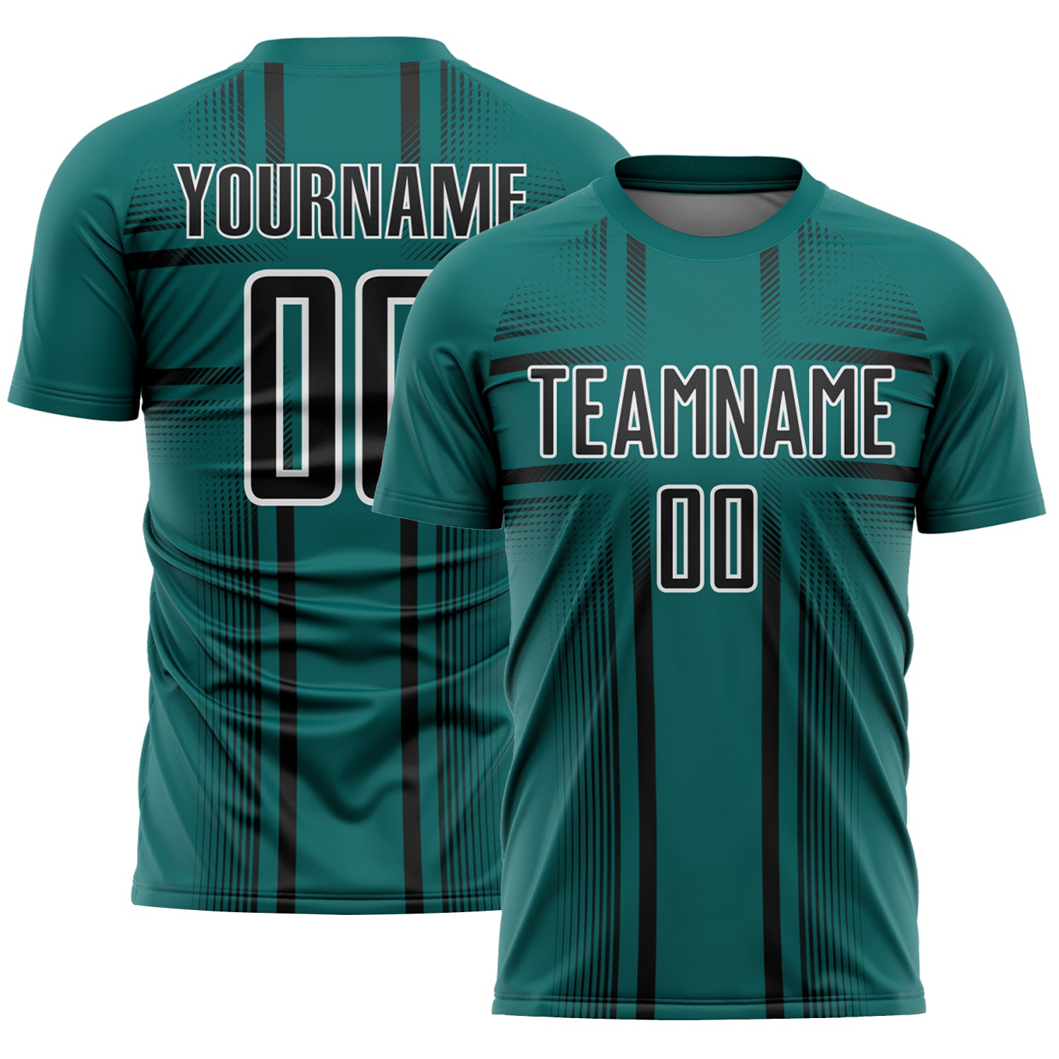 Custom Teal Black-White Lines Sublimation Soccer Uniform Jersey