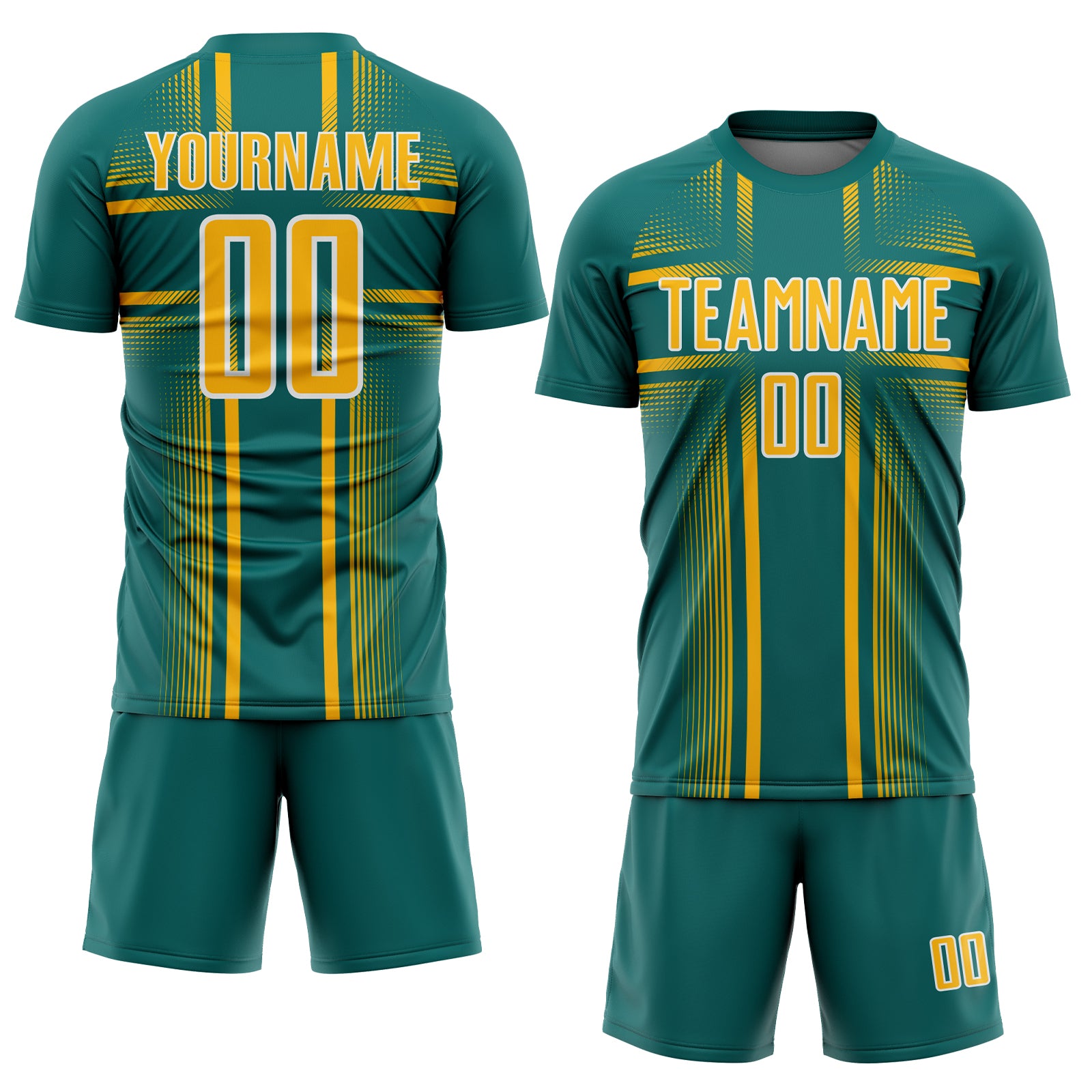 Custom Teal Gold-White Lines Sublimation Soccer Uniform Jersey