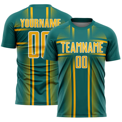 Custom Teal Gold-White Lines Sublimation Soccer Uniform Jersey
