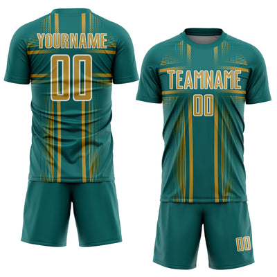 Custom Teal Old Gold-White Lines Sublimation Soccer Uniform Jersey