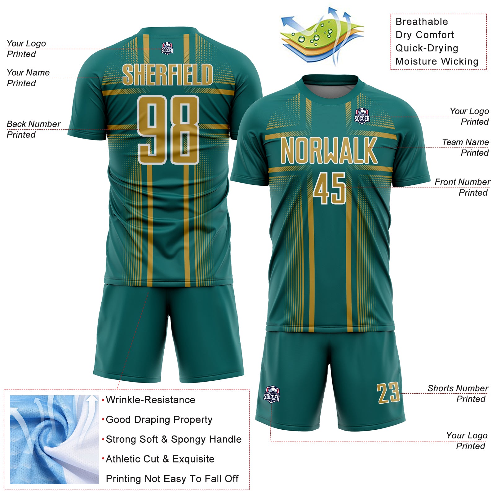 Custom Teal Old Gold-White Lines Sublimation Soccer Uniform Jersey