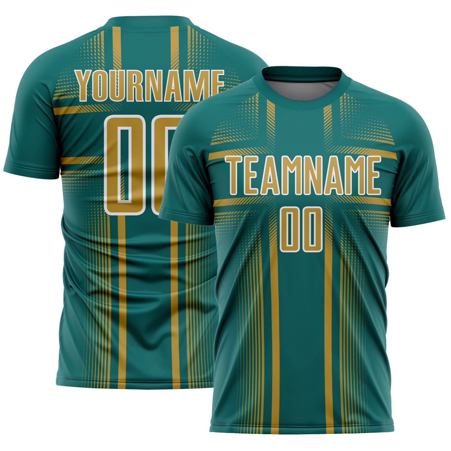 Custom Teal Old Gold-White Lines Sublimation Soccer Uniform Jersey
