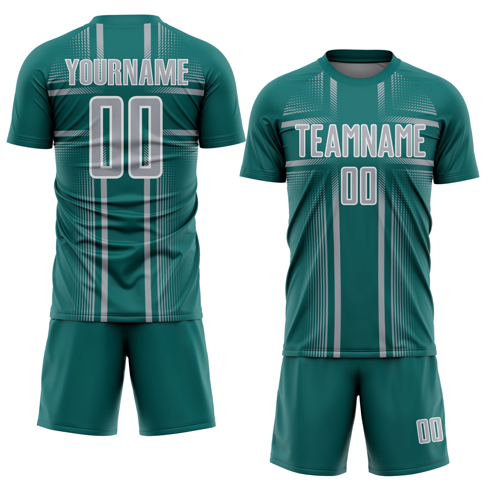 Custom Teal Gray-White Lines Sublimation Soccer Uniform Jersey