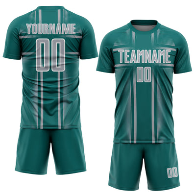 Custom Teal Gray-White Lines Sublimation Soccer Uniform Jersey