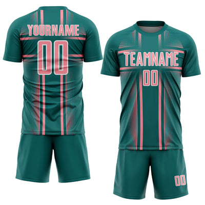 Custom Teal Medium Pink-White Lines Sublimation Soccer Uniform Jersey