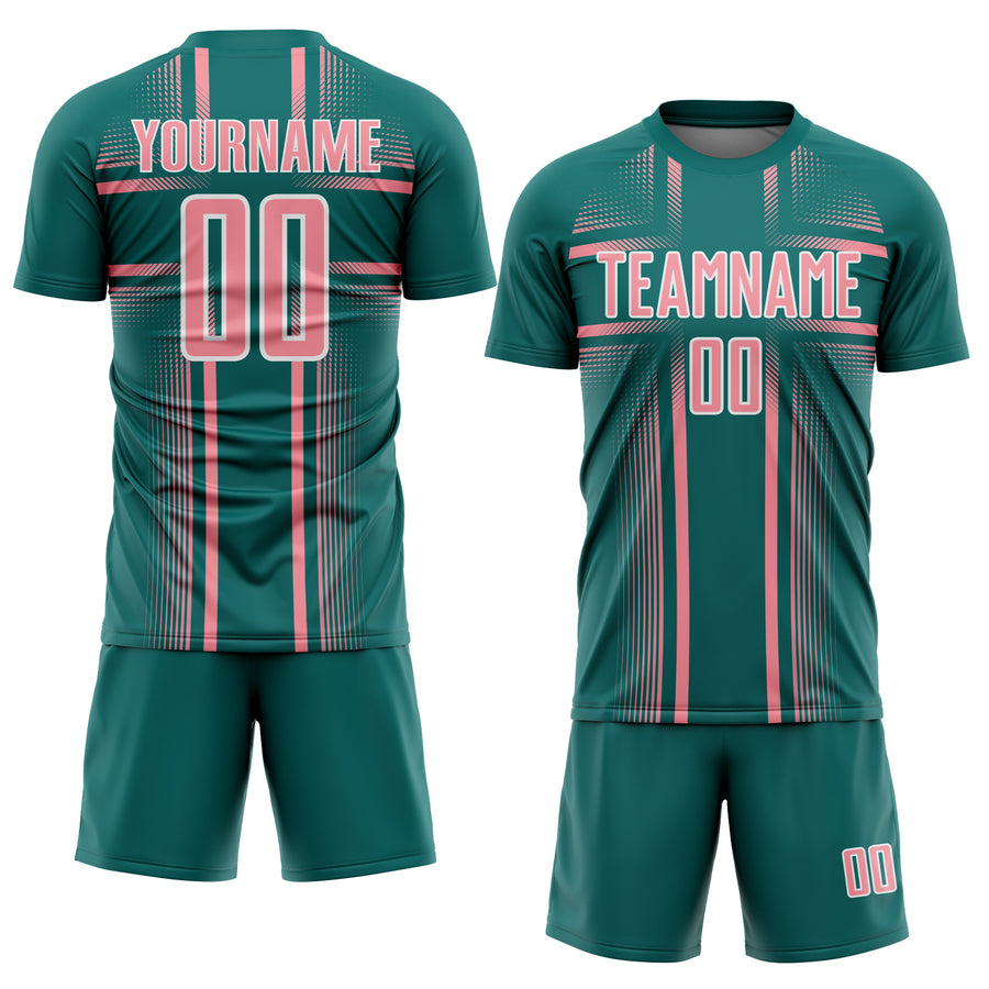 Custom Teal Medium Pink-White Lines Sublimation Soccer Uniform Jersey