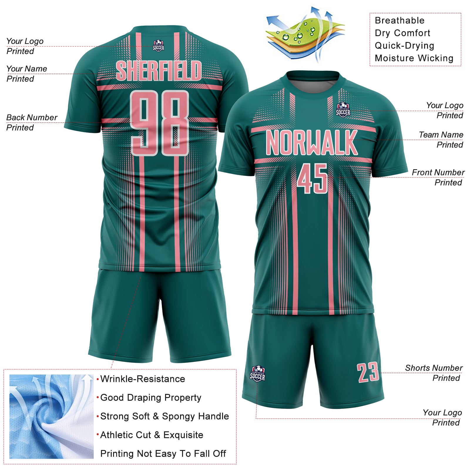 Custom Teal Medium Pink-White Lines Sublimation Soccer Uniform Jersey