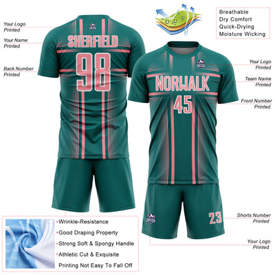 Custom Teal Medium Pink-White Lines Sublimation Soccer Uniform Jersey