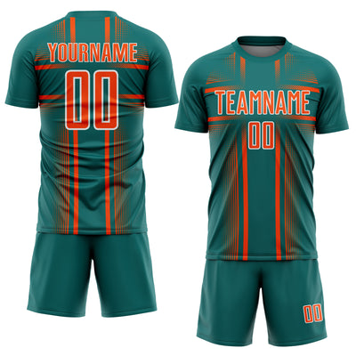 Custom Teal Orange-White Lines Sublimation Soccer Uniform Jersey
