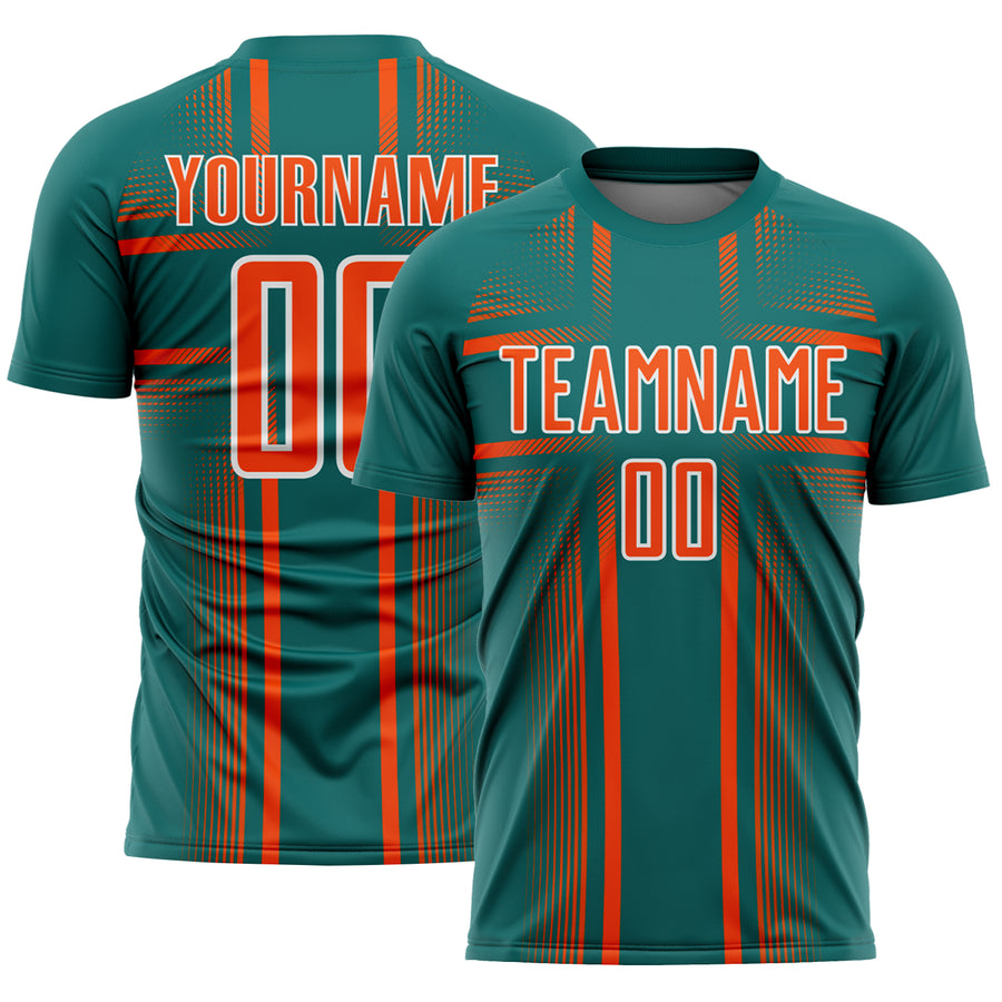 Custom Teal Orange-White Lines Sublimation Soccer Uniform Jersey