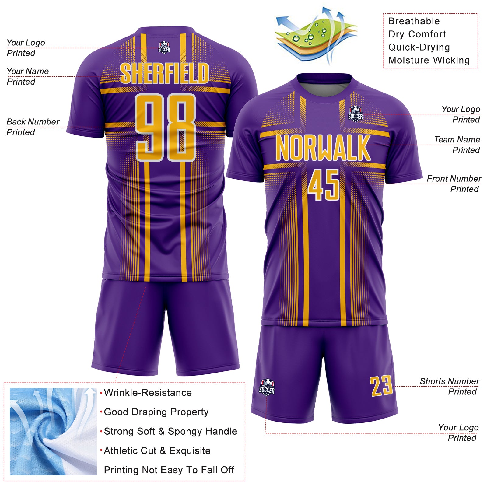 Custom Purple Gold-White Lines Sublimation Soccer Uniform Jersey