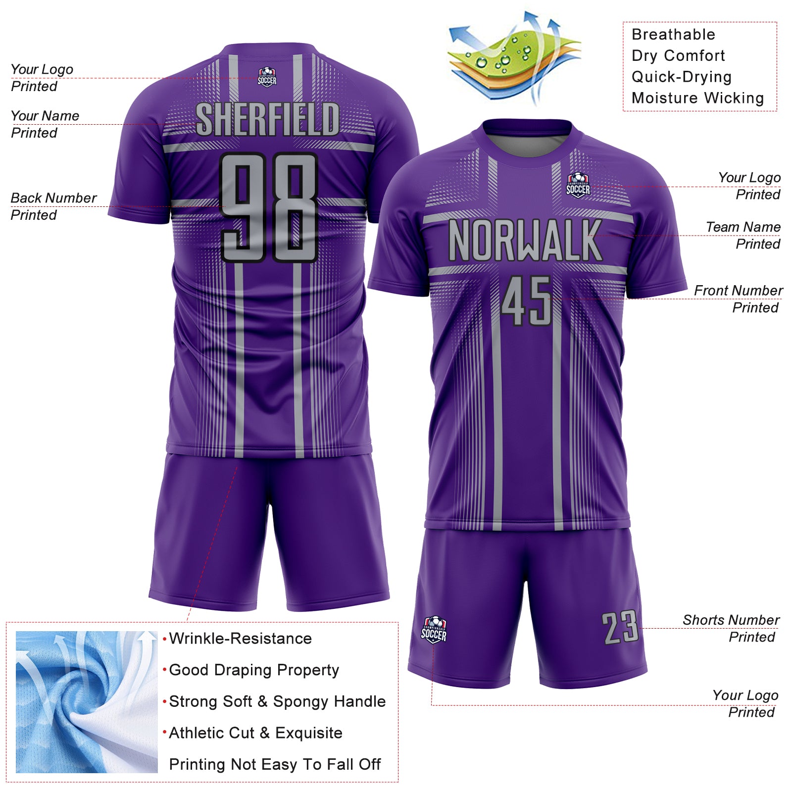 Custom Purple Gray-Black Lines Sublimation Soccer Uniform Jersey