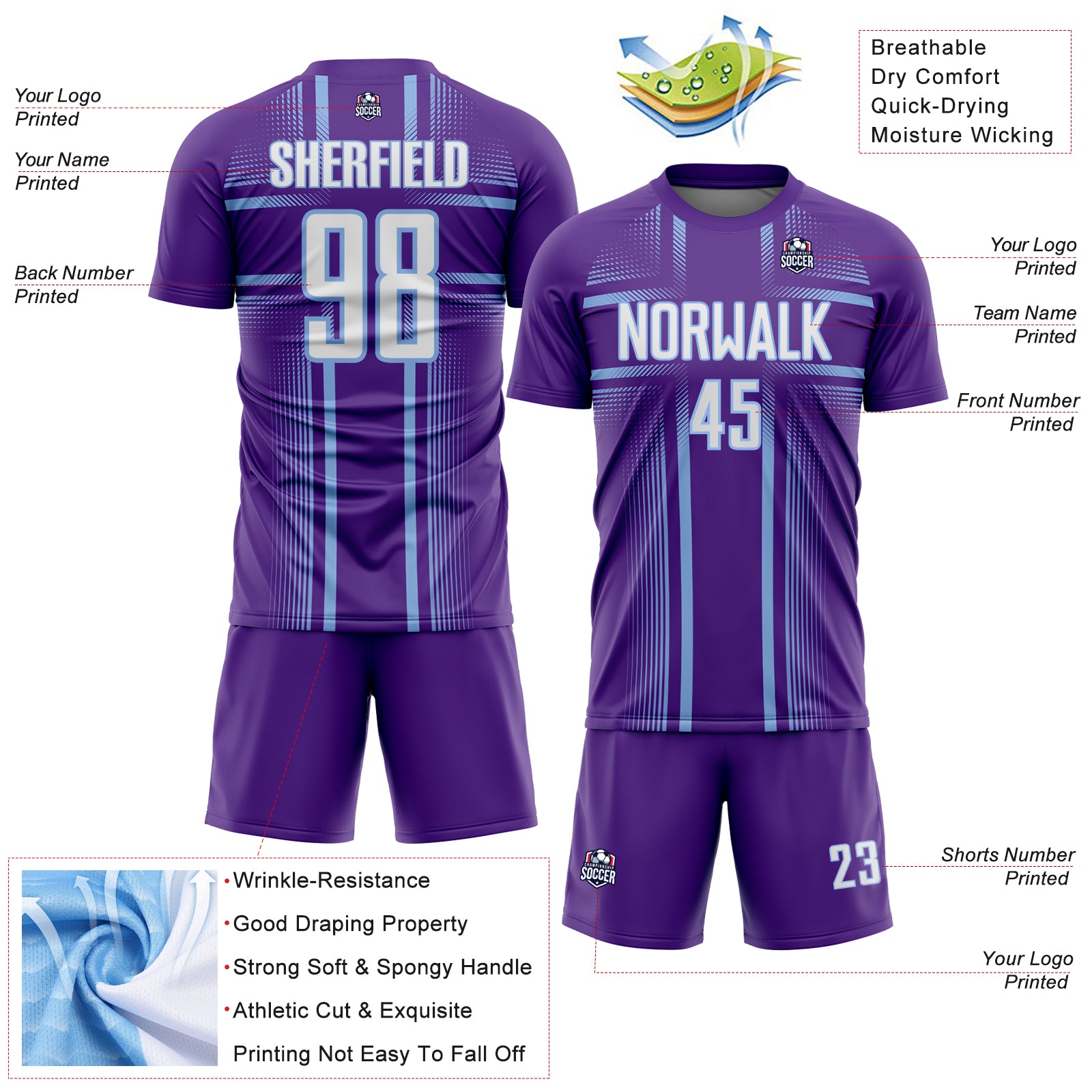 Custom Purple White-Light Blue Lines Sublimation Soccer Uniform Jersey