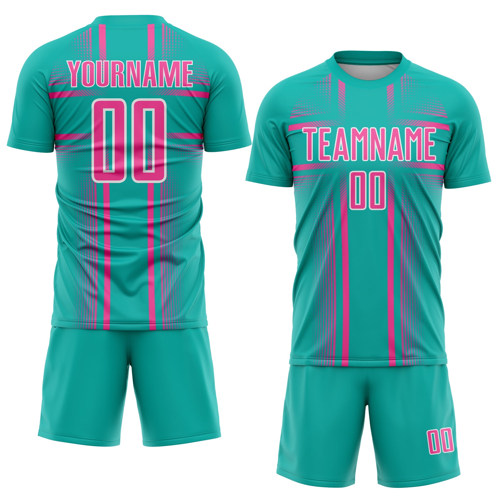 Custom Aqua Pink-White Lines Sublimation Soccer Uniform Jersey